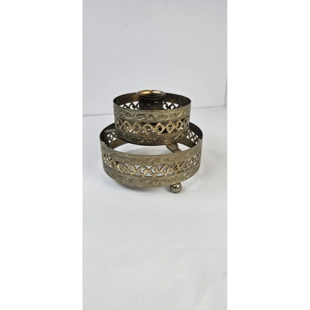 Vintage Brass Tone Pierced Scrollwork Filigree-Style‎ Taper Candle Holder 4.25